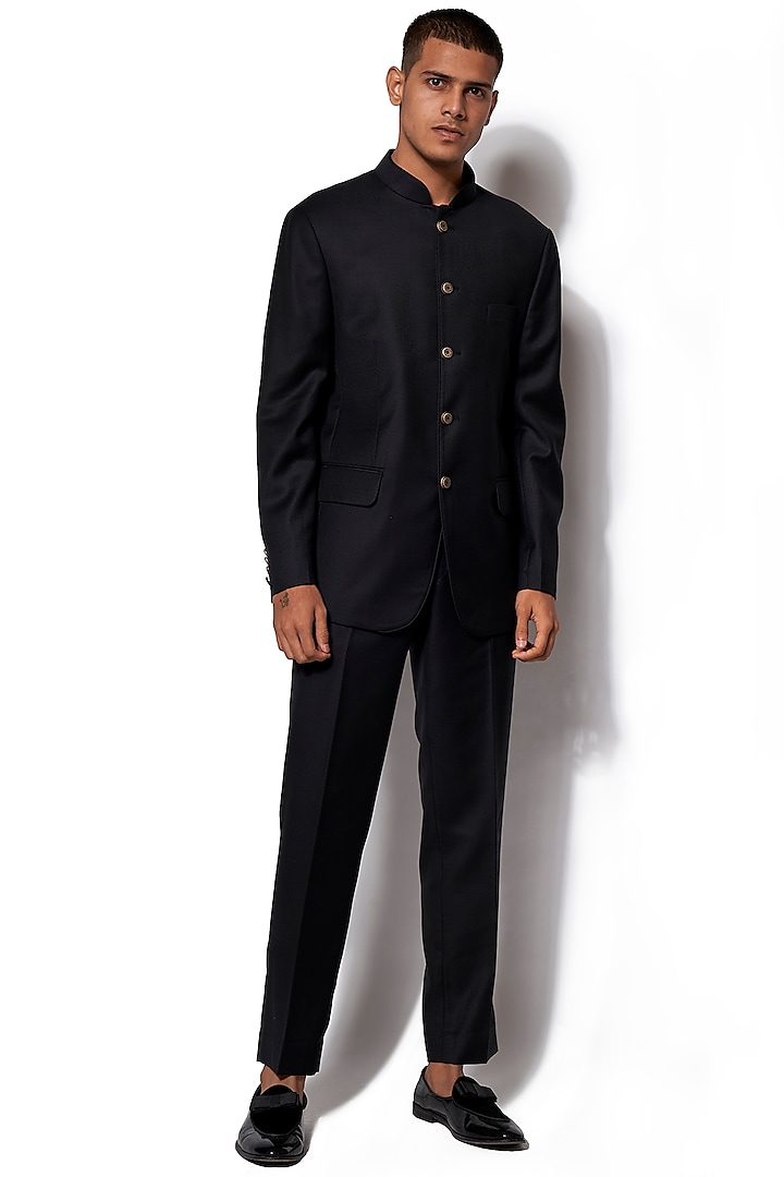 Black Textured Bandhgala Jacket With Pants by Amaare