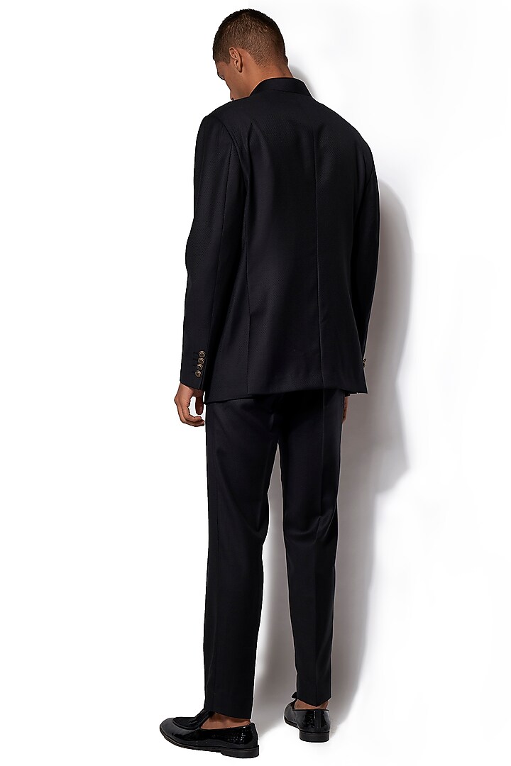 Black Wool Blend Fabric Textured Wedding Bandhgala Set by Amaare at Pernia's Pop Up Shop