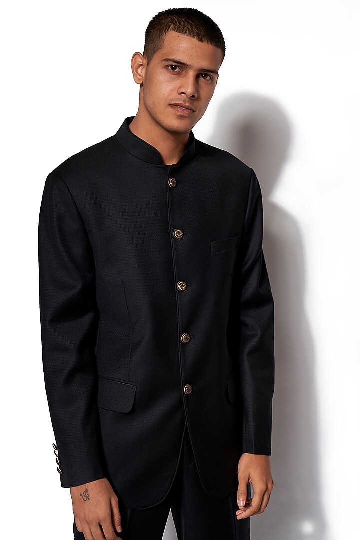 Black Wool Blend Fabric Textured Wedding Bandhgala Set by Amaare at Pernia's Pop Up Shop