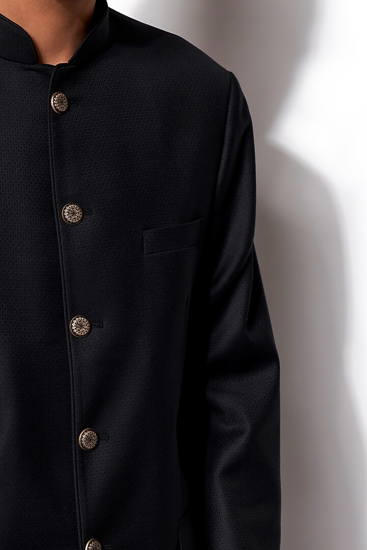 Black Wool Blend Fabric Textured Wedding Bandhgala Set by Amaare at Pernia's Pop Up Shop