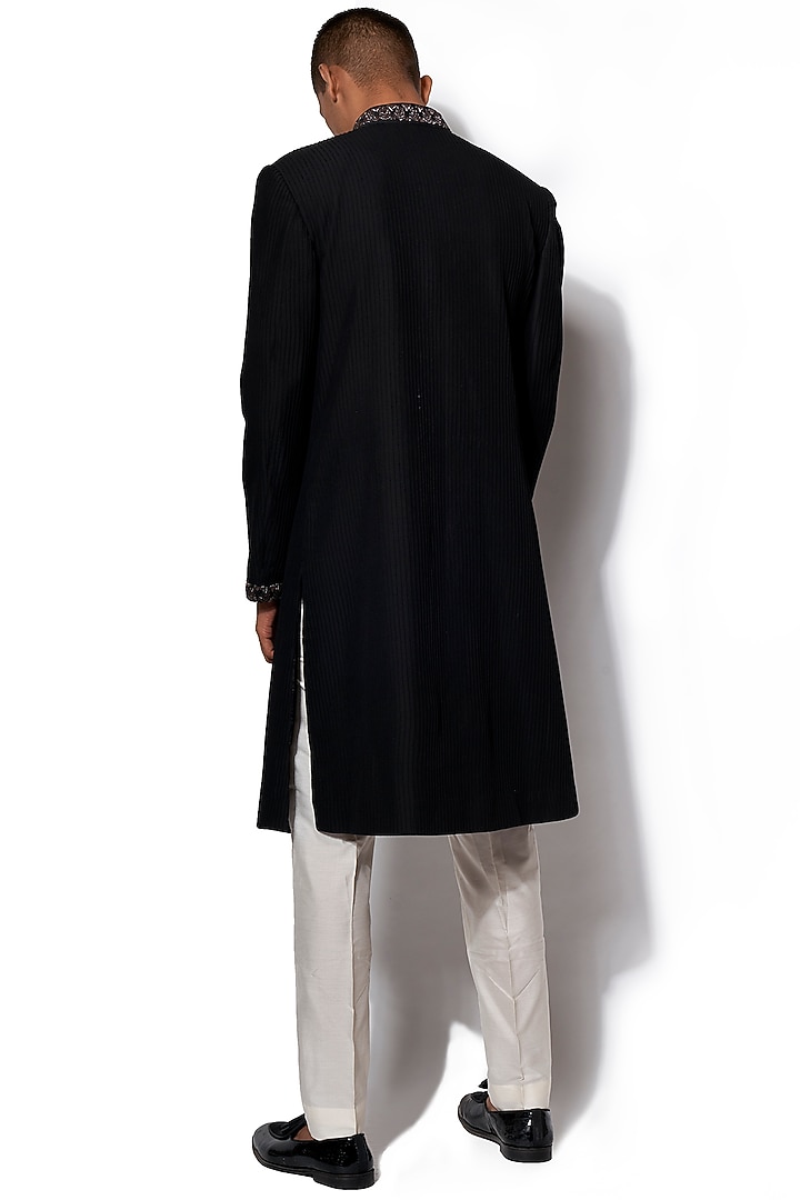 Black Wool Blend Embroidered Wedding Indowestern Set by Amaare at Pernia's Pop Up Shop