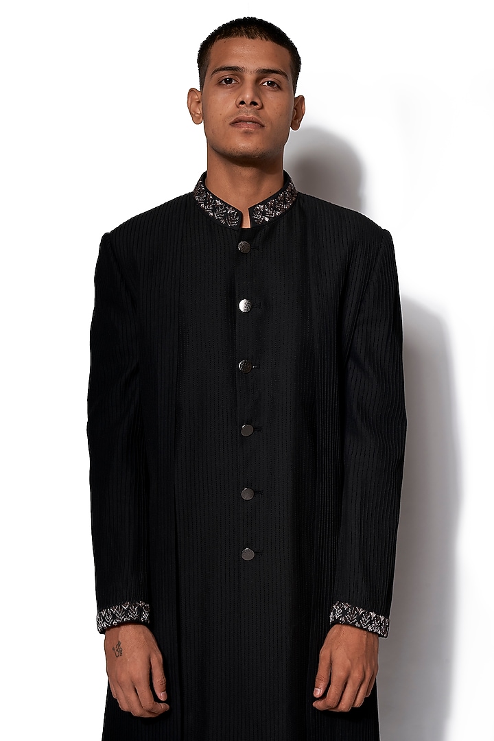 Black Wool Blend Embroidered Wedding Indowestern Set by Amaare at Pernia's Pop Up Shop