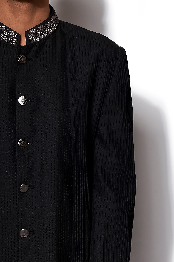 Black Wool Blend Embroidered Wedding Indowestern Set by Amaare at Pernia's Pop Up Shop