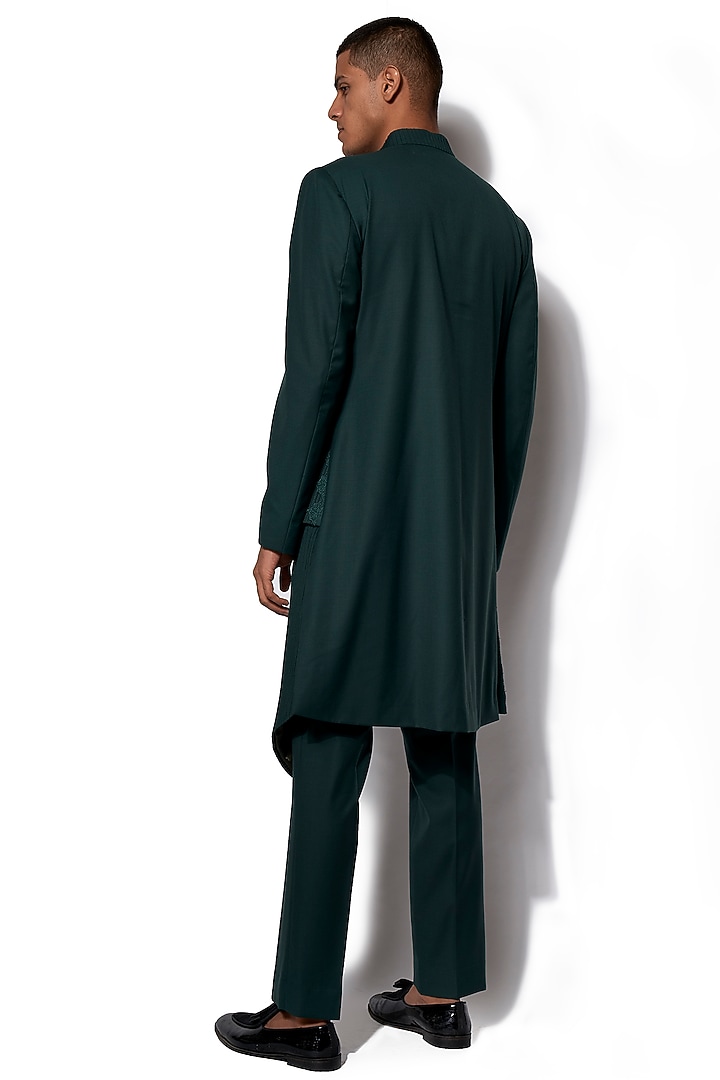 Forest Green Wool Blend Hand Embroidered Asymmetrical Wedding Indowestern Set by Amaare at Pernia's Pop Up Shop