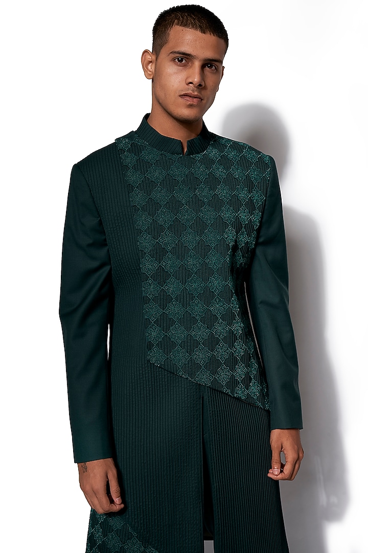 Forest Green Wool Blend Hand Embroidered Asymmetrical Wedding Indowestern Set by Amaare at Pernia's Pop Up Shop