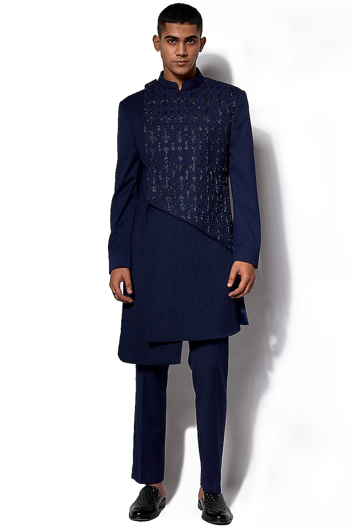 Navy Blue Wool Blend Asymmetrical Hand Embroidered Indowestern Set by Amaare