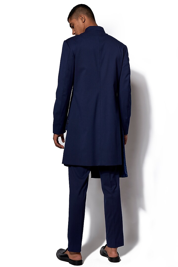 Navy Blue Wool Blend Asymmetrical Hand Embroidered Wedding Indowestern Set by Amaare at Pernia's Pop Up Shop