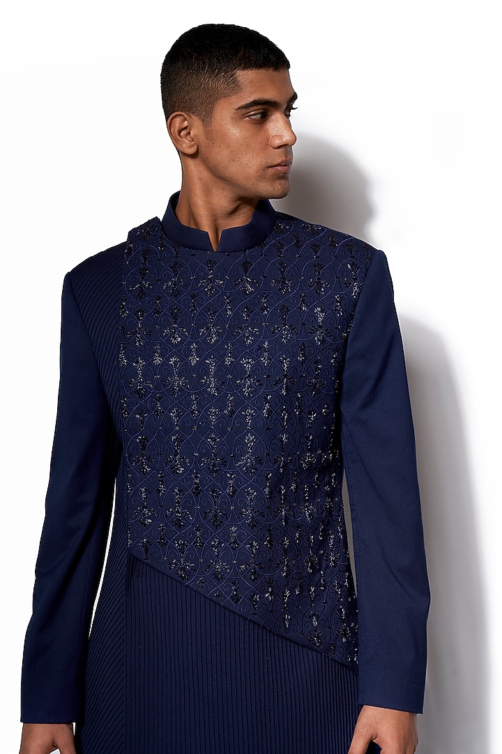 Navy Blue Wool Blend Asymmetrical Hand Embroidered Wedding Indowestern Set by Amaare at Pernia's Pop Up Shop