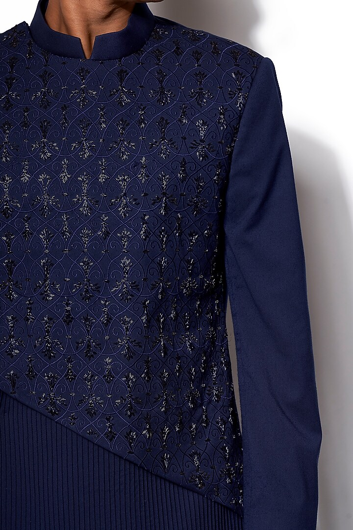 Navy Blue Wool Blend Asymmetrical Hand Embroidered Wedding Indowestern Set by Amaare at Pernia's Pop Up Shop