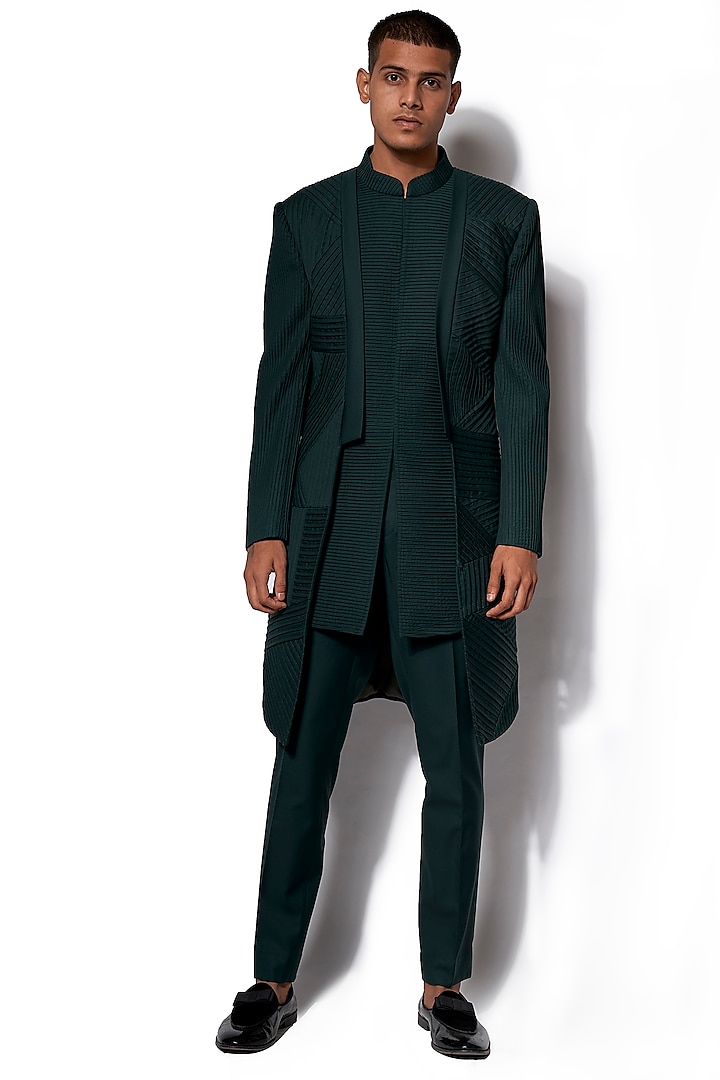 Forest Green Asymmetric Jacket With Pants by Amaare