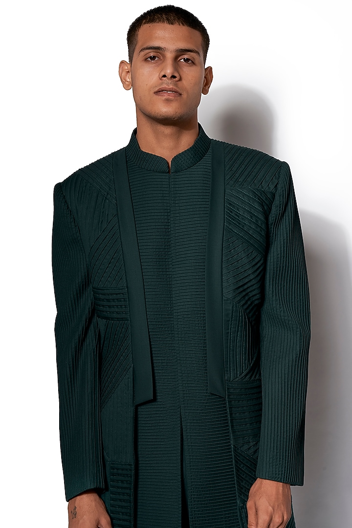 Forest Green Asymmetric Jacket With Pants by Amaare at Pernia's Pop Up Shop