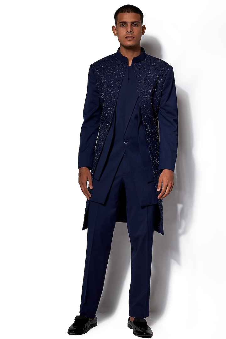 Navy Blue Hand Embroidered Wedding Indowestern Jacket With Pants by Amaare at Pernia's Pop Up Shop