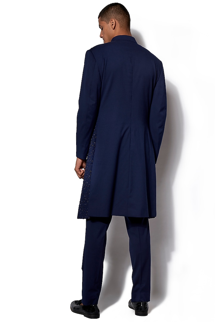 Navy Blue Hand Embroidered Wedding Indowestern Jacket With Pants by Amaare at Pernia's Pop Up Shop