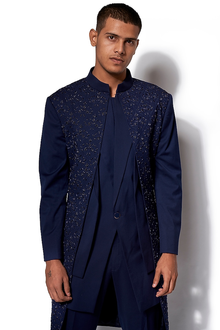 Navy Blue Hand Embroidered Wedding Indowestern Jacket With Pants by Amaare at Pernia's Pop Up Shop