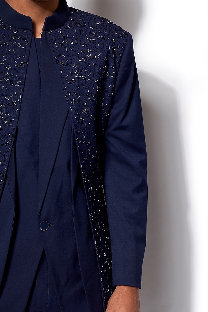 Navy Blue Hand Embroidered Wedding Indowestern Jacket With Pants by Amaare at Pernia's Pop Up Shop