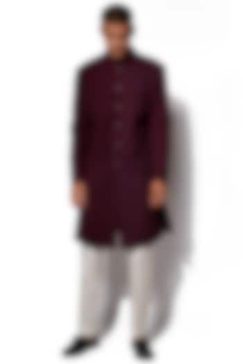 Wine Pintucked Sherwani With Pants by Amaare