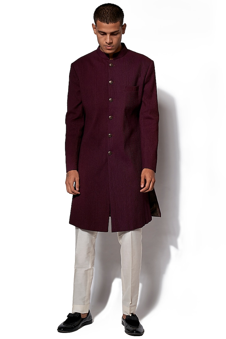 Wine Pintucked Sherwani With Pants by Amaare