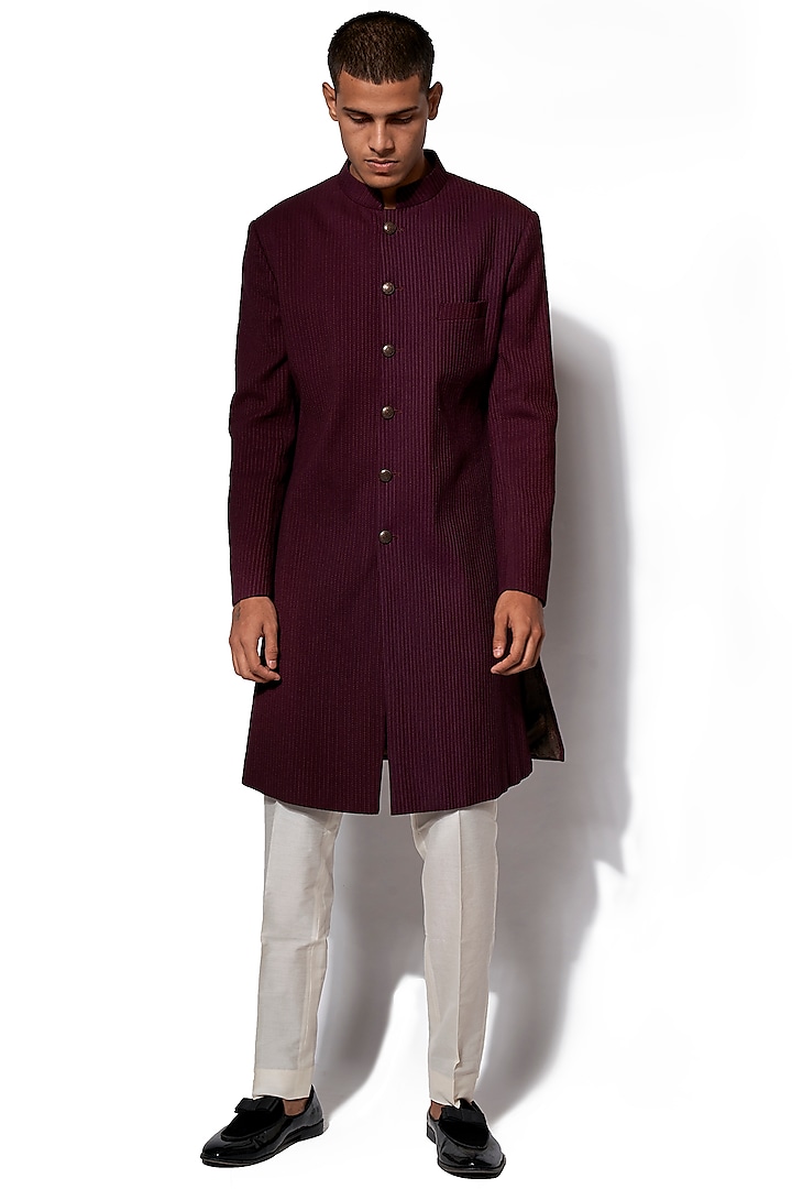 Wine Cotton Silk Pintuck Wedding Sherwani Set by Amaare at Pernia's Pop Up Shop