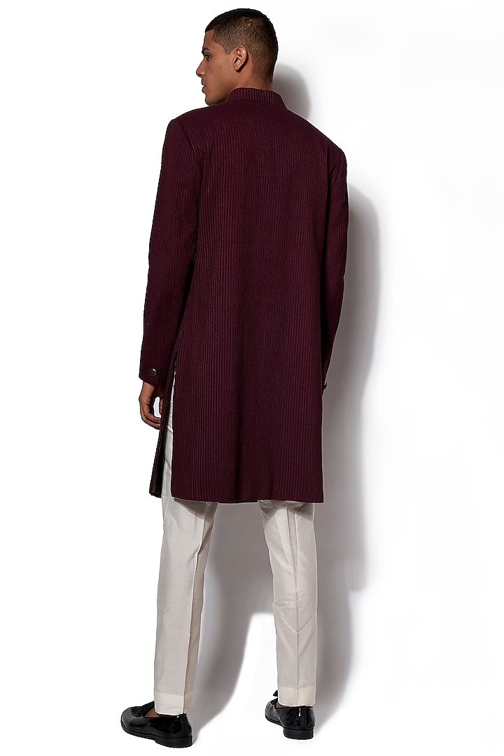 Wine Cotton Silk Pintuck Wedding Sherwani Set by Amaare at Pernia's Pop Up Shop