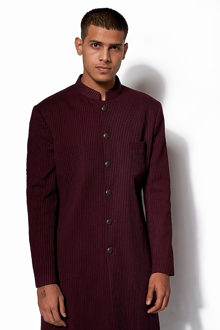 Wine Cotton Silk Pintuck Wedding Sherwani Set by Amaare at Pernia's Pop Up Shop