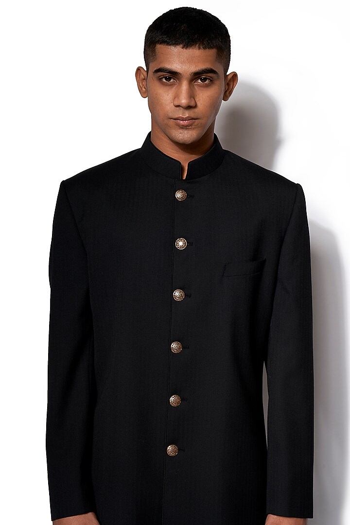 Black Wool Blend Wedding Sherwani Set by Amaare at Pernia's Pop Up Shop
