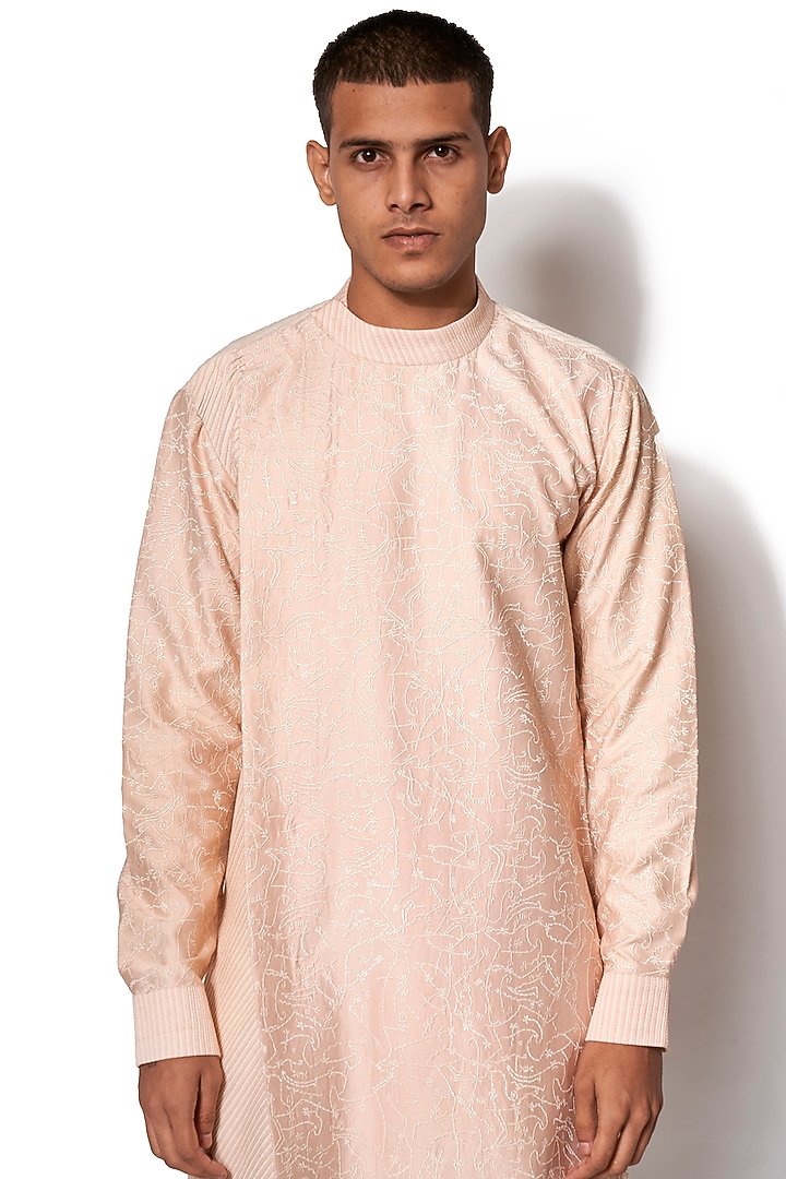 Peach Cotton Silk Embroidered Asymmetric Kurta Set by Amaare at Pernia's Pop Up Shop