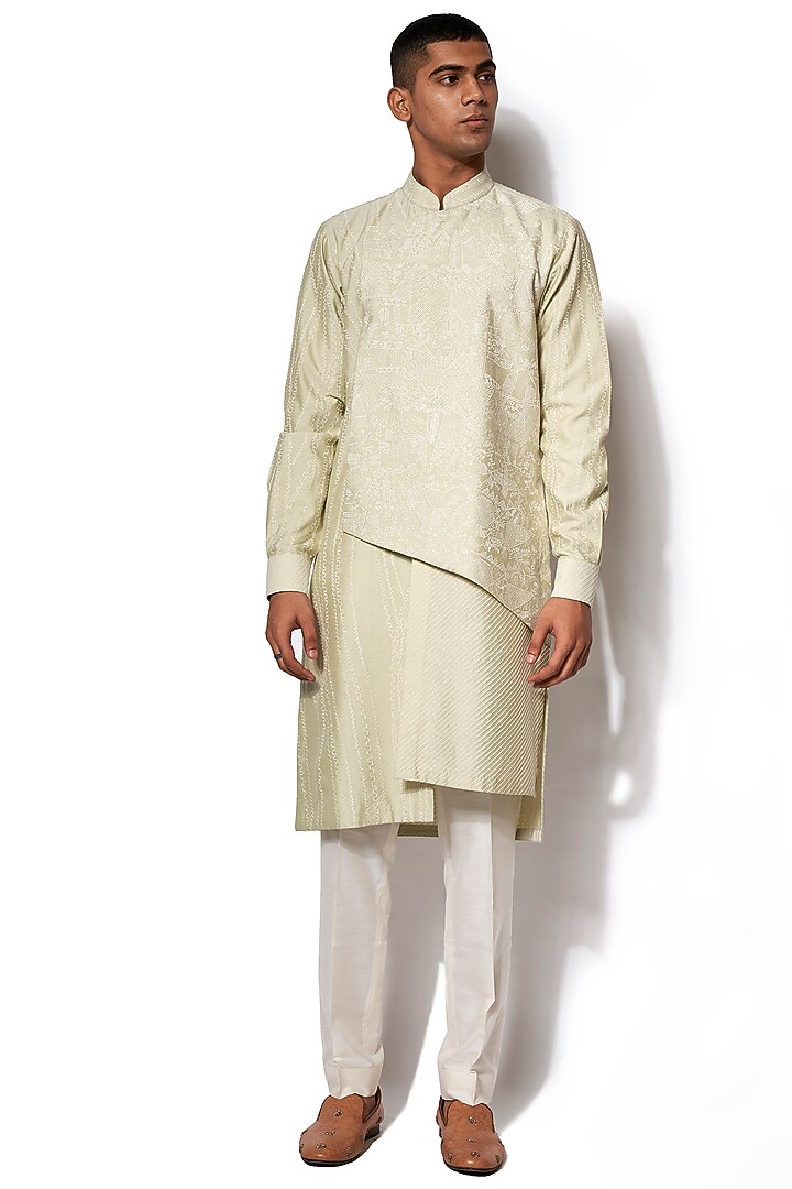 Pista Green Cotton Silk Embroidered Asymmetrical Kurta Set by Amaare at Pernia's Pop Up Shop