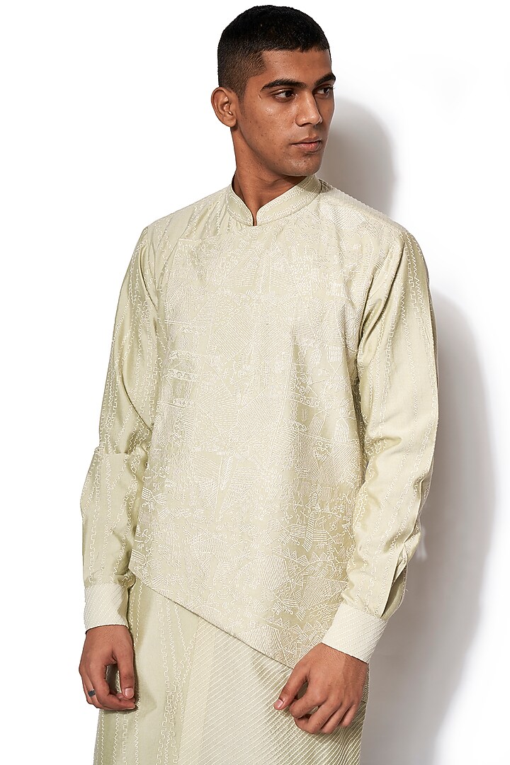 Pista Green Cotton Silk Embroidered Asymmetrical Kurta Set by Amaare at Pernia's Pop Up Shop