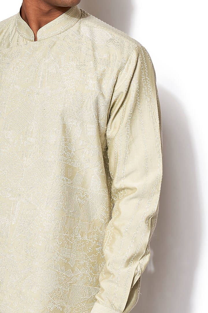 Pista Green Cotton Silk Embroidered Asymmetrical Kurta Set by Amaare at Pernia's Pop Up Shop