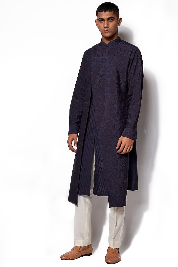 Navy Blue Textured Kurta With Pants by Amaare at Pernia's Pop Up Shop