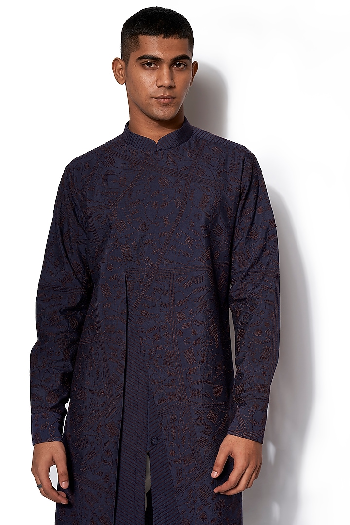 Navy Blue Textured Kurta With Pants by Amaare at Pernia's Pop Up Shop