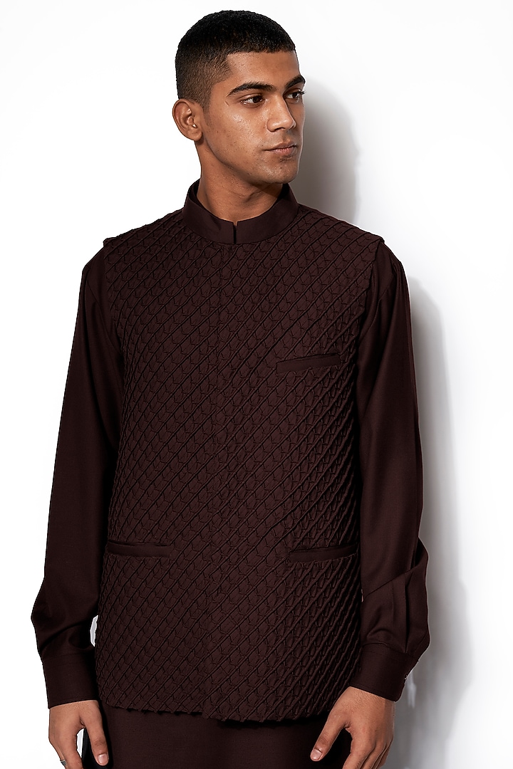 Brown Wool Blend Textured Nehru Jacket Set by Amaare at Pernia's Pop Up Shop