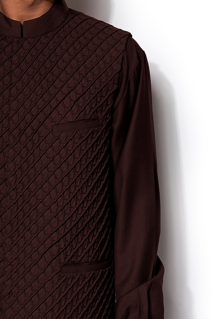 Brown Wool Blend Textured Nehru Jacket Set by Amaare at Pernia's Pop Up Shop