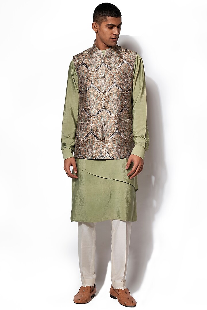 Mint Green Printed Jacket With Kurta Set by Amaare