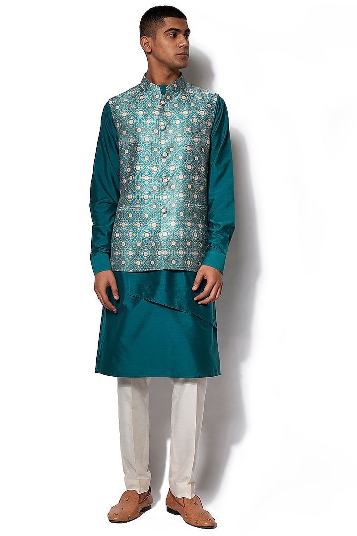 Forest Green Printed Jacket With Kurta Set by Amaare