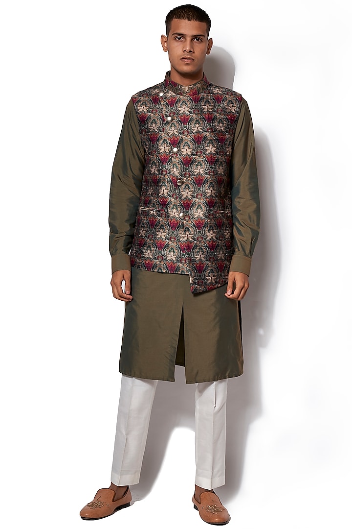 Olive Green Printed Jacket With Kurta Set by Amaare