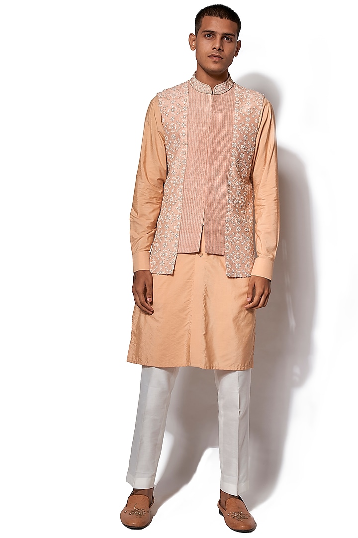 Peach Embroidered Jacket With Kurta Set by Amaare