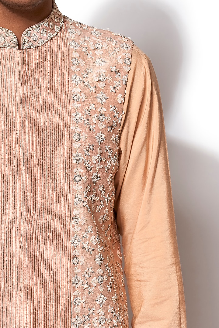 Peach Raw Silk Embroidered Bundi Jacket Set by Amaare at Pernia's Pop Up Shop