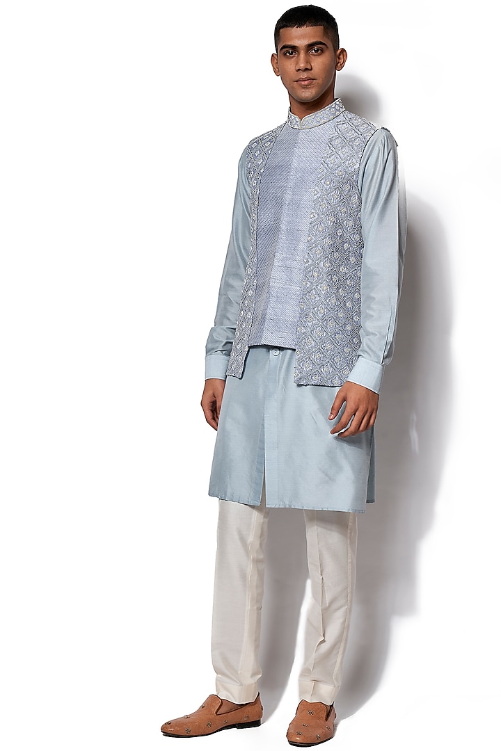 Ice Blue Embroidered Jacket With Kurta Set by Amaare