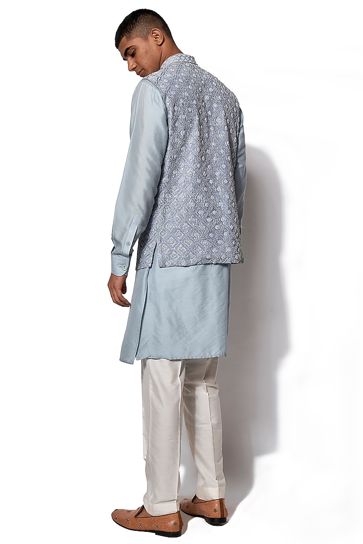 Ice Blue Embroidered Jacket With Kurta Set by Amaare at Pernia's Pop Up Shop