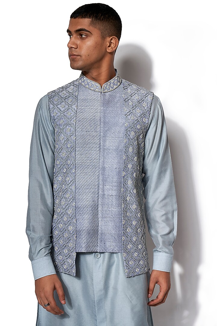 Ice Blue Embroidered Jacket With Kurta Set by Amaare at Pernia's Pop Up Shop