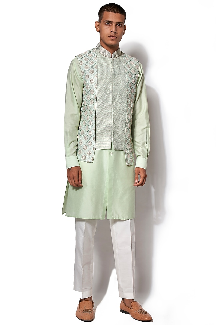 Mint Green Embroidered Jacket With Kurta Set by Amaare at Pernia's Pop Up Shop