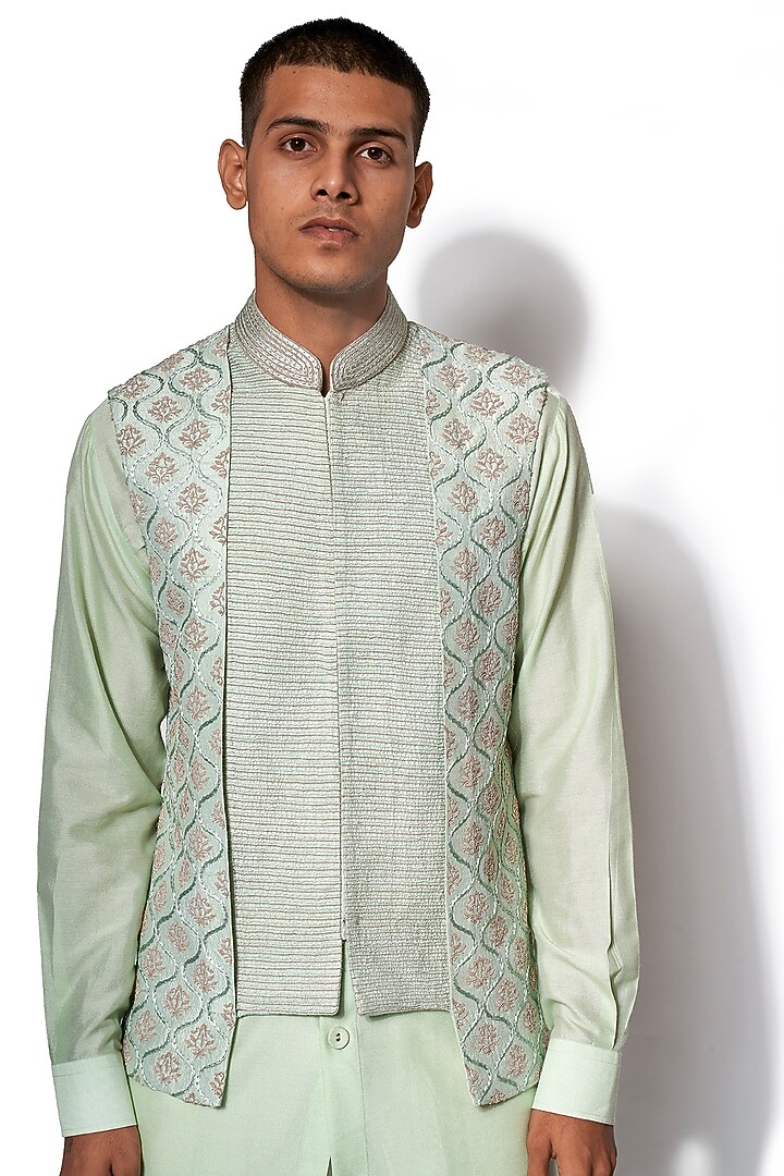 Mint Green Embroidered Jacket With Kurta Set by Amaare at Pernia's Pop Up Shop