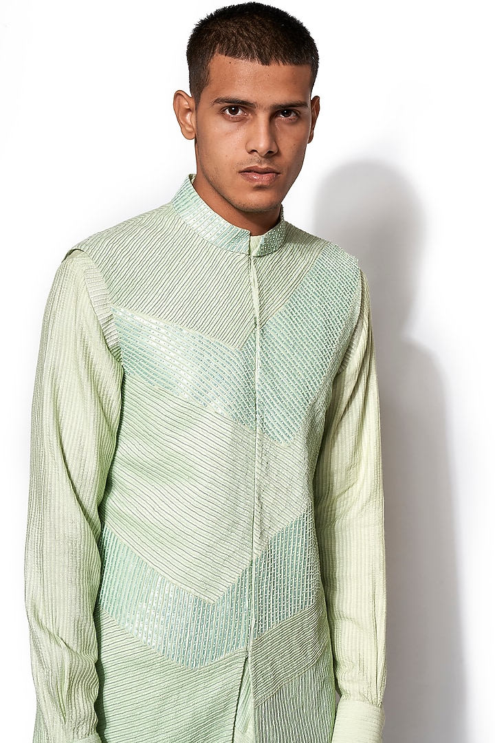 Pista Green Cotton Silk Embroidered Bundi Jacket Set by Amaare at Pernia's Pop Up Shop