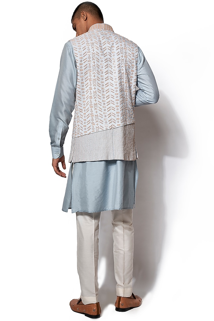 Ice Blue Embroidered Bundi Jacket With Kurta Set by Amaare at Pernia's Pop Up Shop