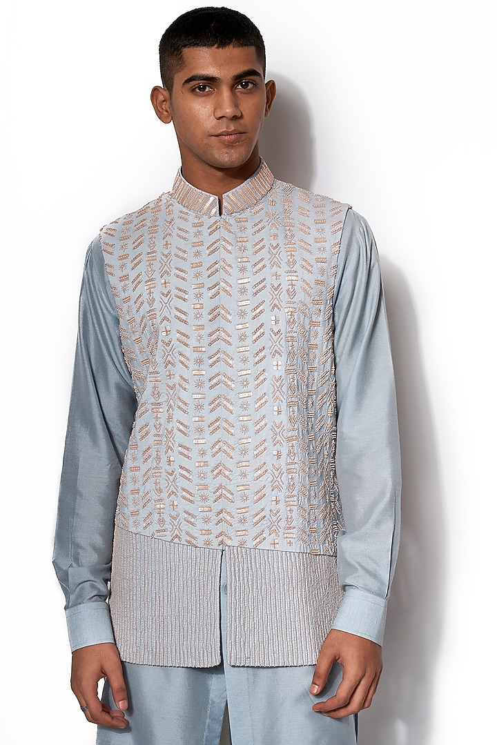 Ice Blue Embroidered Bundi Jacket With Kurta Set by Amaare at Pernia's Pop Up Shop