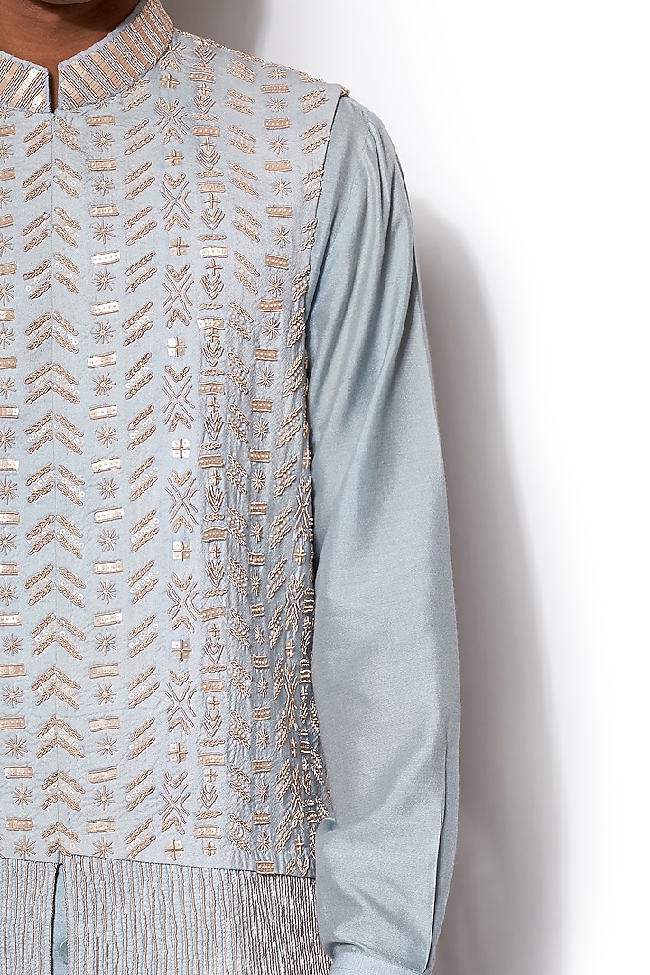 Ice Blue Embroidered Bundi Jacket With Kurta Set by Amaare at Pernia's Pop Up Shop