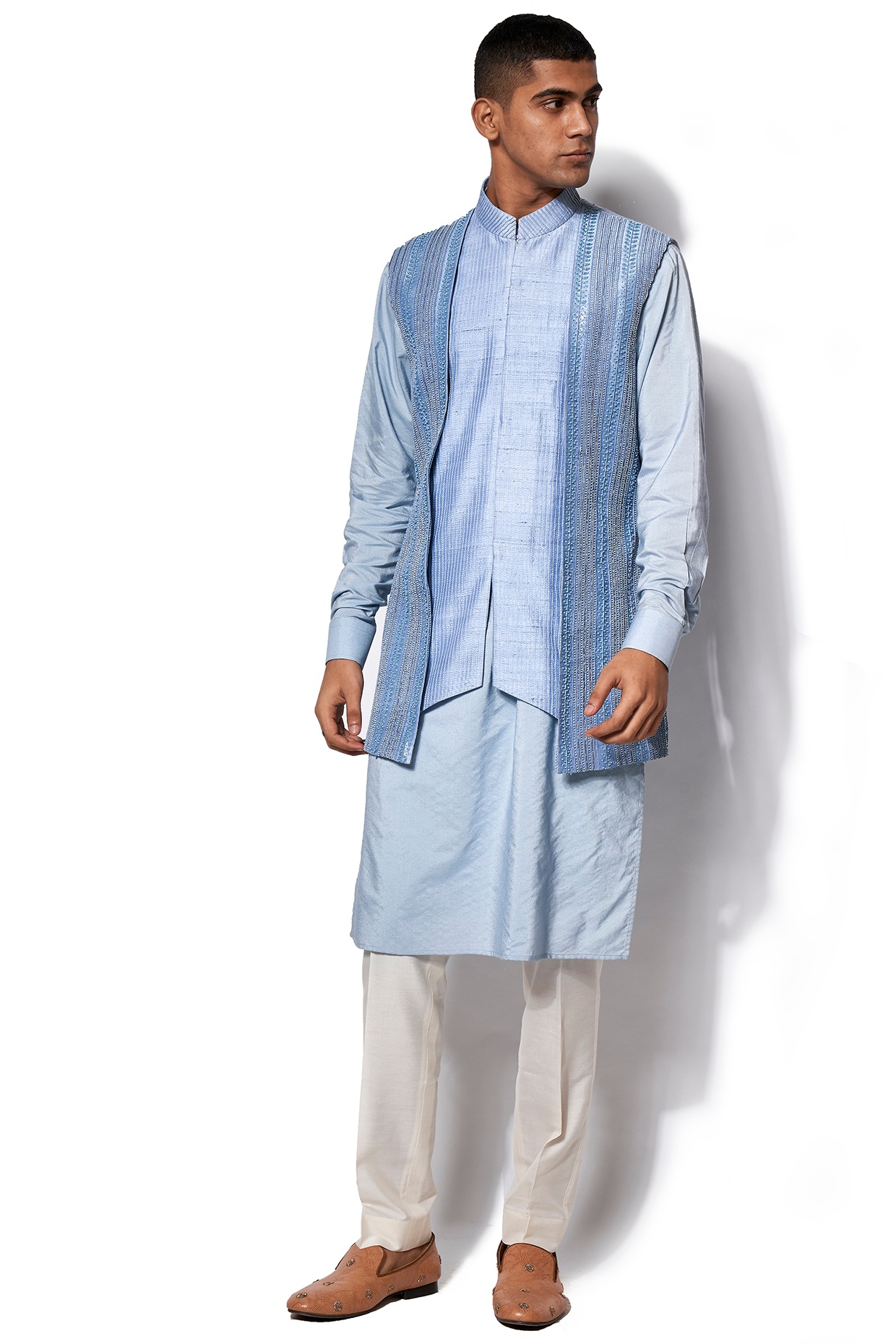 Cornflower blue kurta and pyjama with ikat printed jacket set- set of three  by Desi Doree | The Secret Label