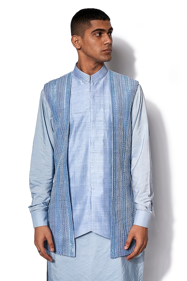 Ice Blue Embroidered Nehru Jacket With Kurta Set by Amaare at Pernia's Pop Up Shop