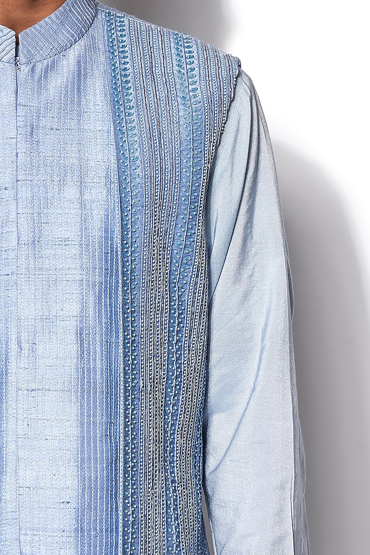 Ice Blue Embroidered Nehru Jacket With Kurta Set by Amaare at Pernia's Pop Up Shop